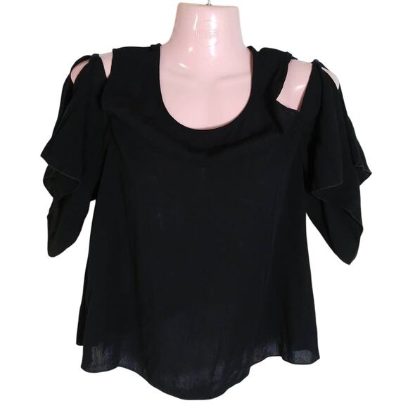 🍒 WAYF Cold Shoulder Black Top Size XS Flowy Short Sleeve - Picture 1 of 6